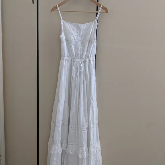 anthropologie white maxi dress Outfit Ideas for Mother's Day 2025 and a deep v Anthropologie Polka Dot Chiffon Maxi